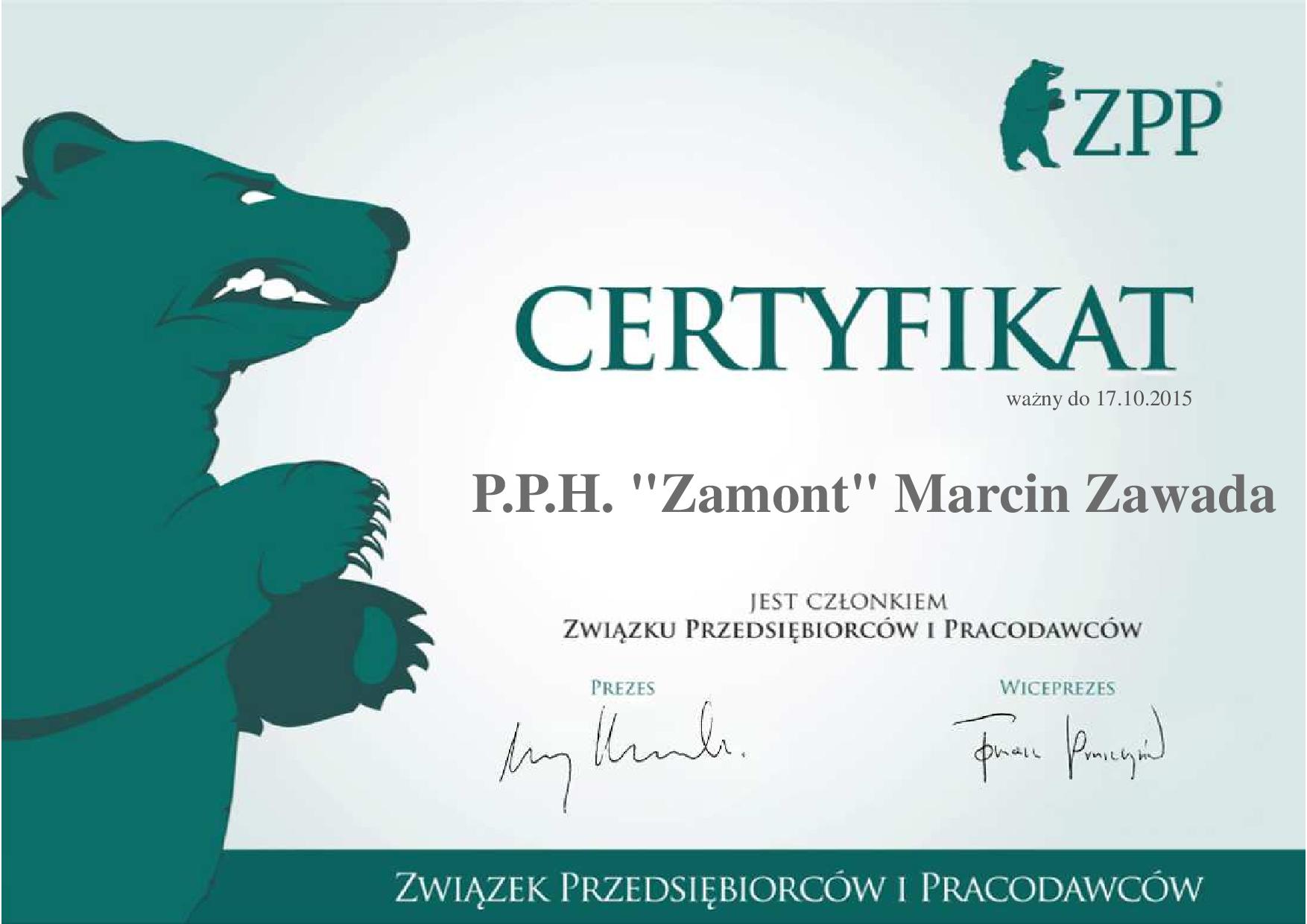 Certyfikat - P.P.H. Zamont Marcin Zawada